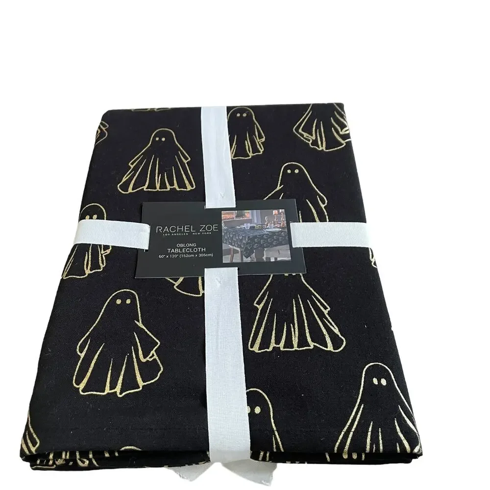 Rachel Zoe HALLOWEEN GHOST Tablecloth 60x120 Oblong Cotton Black & Gold NEW